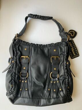 Vintage Betsey Johnson punk real leather studded tote bag black
